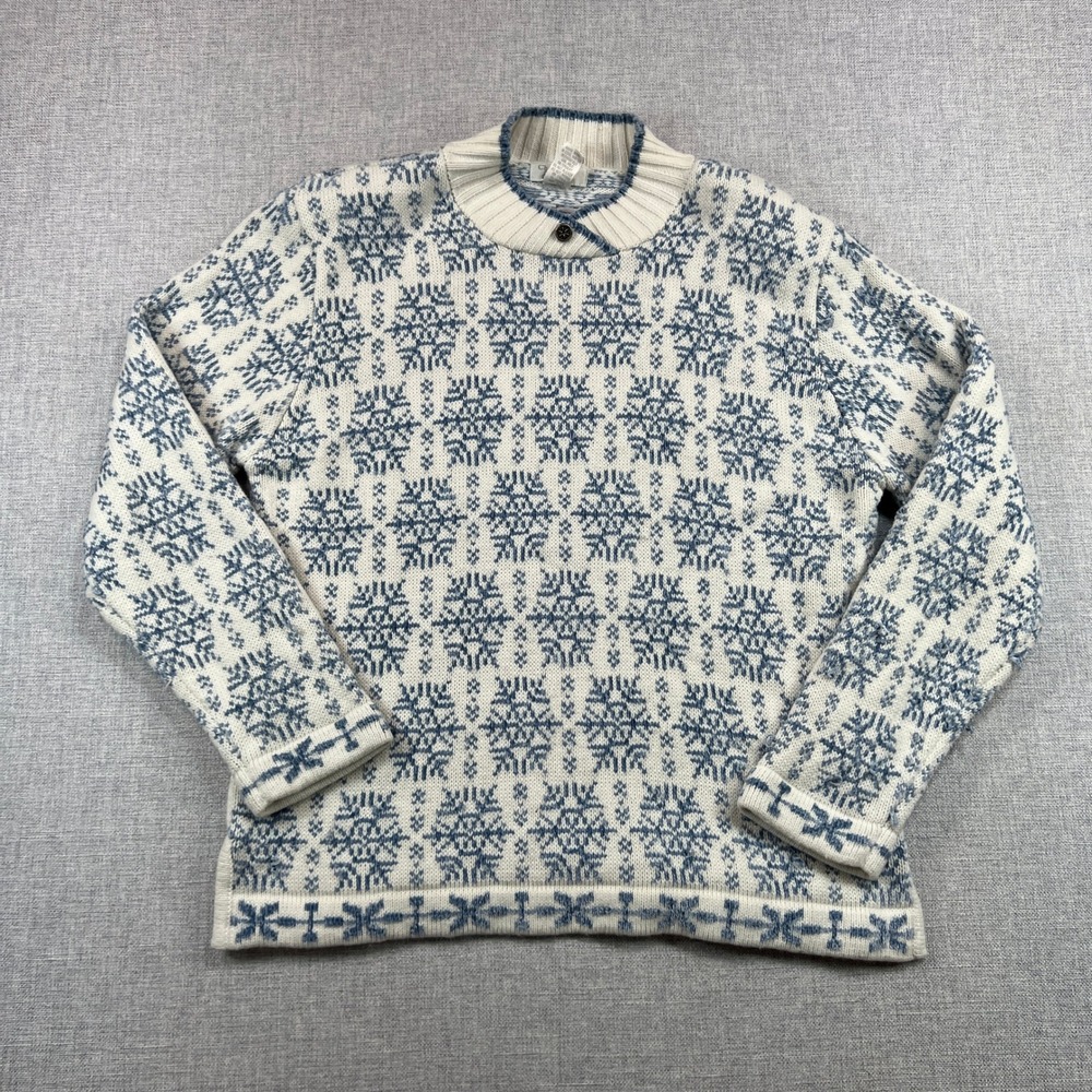 VTG 90s Christopher & Banks Snowflake AOP‎ Ski Sweater Women L Nordic Fair Isle